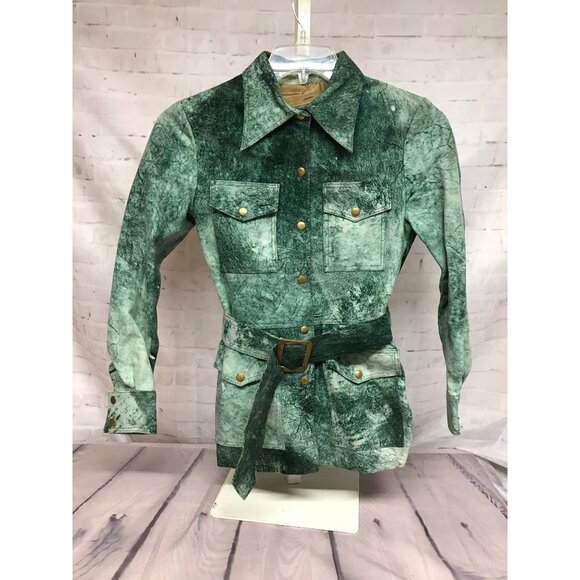 Vintage Small Marbled Green Textured Jacket Belt Gold Snap Buttons Suede Like - Picture 2 of 9